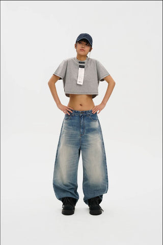 [MASONPRINCE] Curved Cut Washed Denim Wide Pants