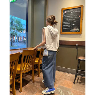 Washed denim long skirt