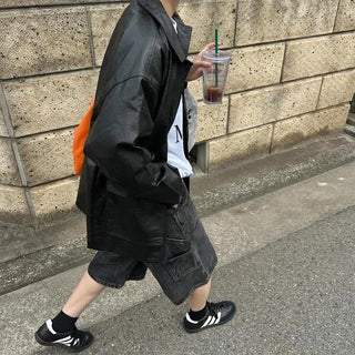 Faux leather mid-length coat