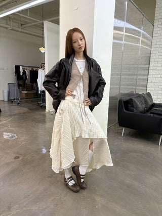[NeverSeez] Stand Collar Asymmetrical PU Leather Jacket