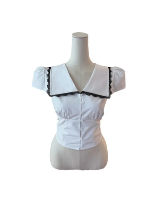 Solar big kara lace shirring short-sleeved blouse