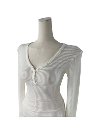 " Hazelnut Heart neck Button Ribbed Bone Knitwear Long Sleeve