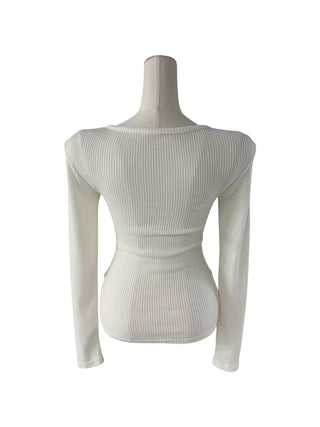 " Hazelnut Heart neck Button Ribbed Bone Knitwear Long Sleeve