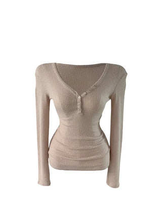 " Hazelnut Heart neck Button Ribbed Bone Knitwear Long Sleeve