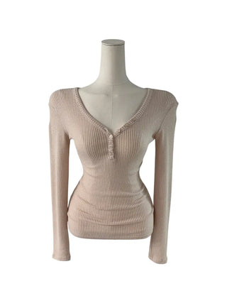 " Hazelnut Heart neck Button Ribbed Bone Knitwear Long Sleeve