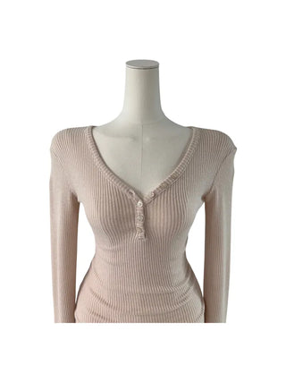 " Hazelnut Heart neck Button Ribbed Bone Knitwear Long Sleeve