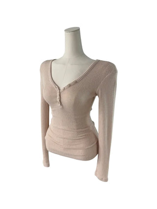 " Hazelnut Heart neck Button Ribbed Bone Knitwear Long Sleeve