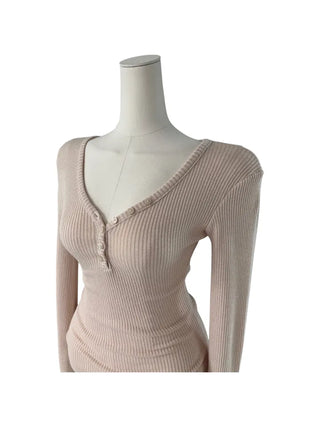 " Hazelnut Heart neck Button Ribbed Bone Knitwear Long Sleeve