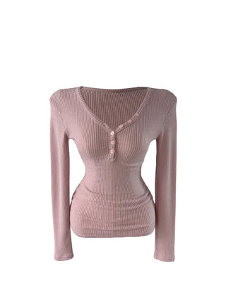 " Hazelnut Heart neck Button Ribbed Bone Knitwear Long Sleeve