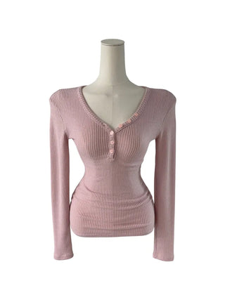 " Hazelnut Heart neck Button Ribbed Bone Knitwear Long Sleeve