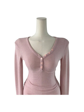 " Hazelnut Heart neck Button Ribbed Bone Knitwear Long Sleeve