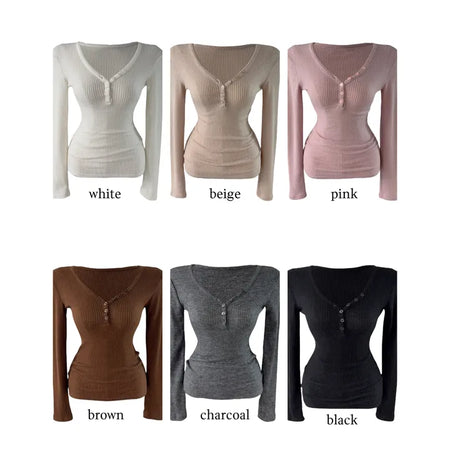 " Hazelnut Heart neck Button Ribbed Bone Knitwear Long Sleeve
