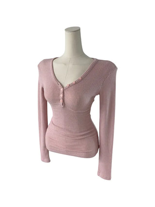 " Hazelnut Heart neck Button Ribbed Bone Knitwear Long Sleeve
