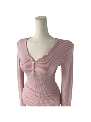 " Hazelnut Heart neck Button Ribbed Bone Knitwear Long Sleeve