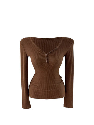 " Hazelnut Heart neck Button Ribbed Bone Knitwear Long Sleeve