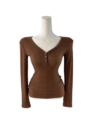 " Hazelnut Heart neck Button Ribbed Bone Knitwear Long Sleeve