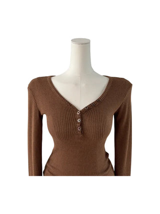 " Hazelnut Heart neck Button Ribbed Bone Knitwear Long Sleeve