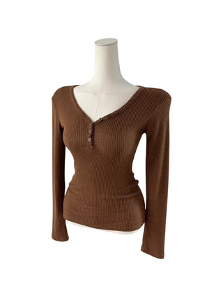 " Hazelnut Heart neck Button Ribbed Bone Knitwear Long Sleeve