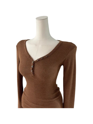 " Hazelnut Heart neck Button Ribbed Bone Knitwear Long Sleeve