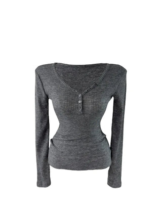 " Hazelnut Heart neck Button Ribbed Bone Knitwear Long Sleeve