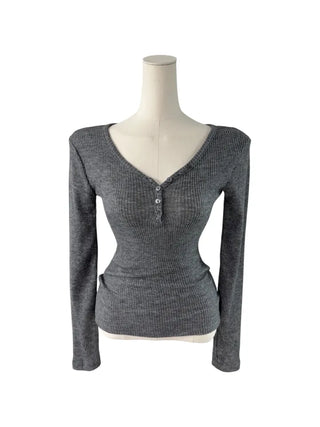 " Hazelnut Heart neck Button Ribbed Bone Knitwear Long Sleeve