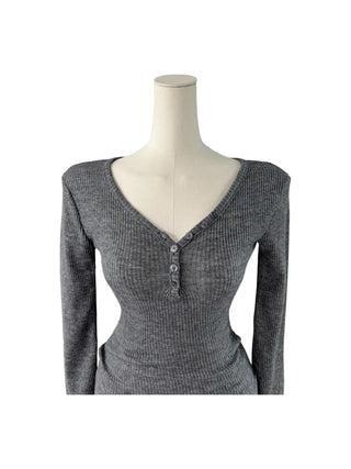 " Hazelnut Heart neck Button Ribbed Bone Knitwear Long Sleeve