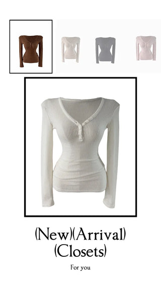 " Hazelnut Heart neck Button Ribbed Bone Knitwear Long Sleeve