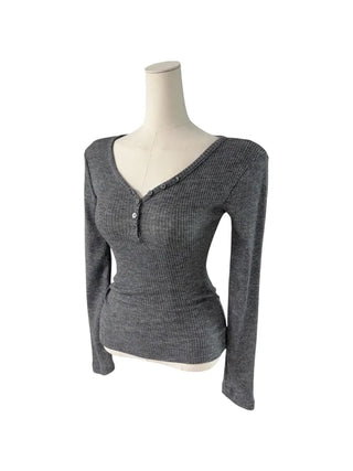" Hazelnut Heart neck Button Ribbed Bone Knitwear Long Sleeve