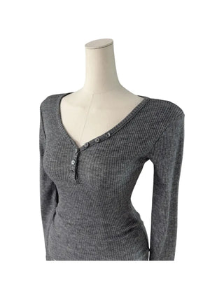 " Hazelnut Heart neck Button Ribbed Bone Knitwear Long Sleeve