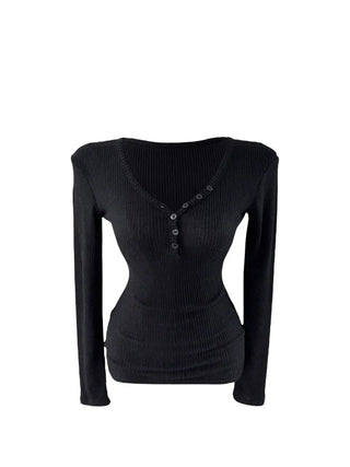 " Hazelnut Heart neck Button Ribbed Bone Knitwear Long Sleeve
