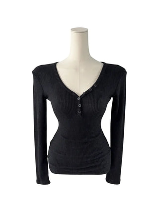" Hazelnut Heart neck Button Ribbed Bone Knitwear Long Sleeve