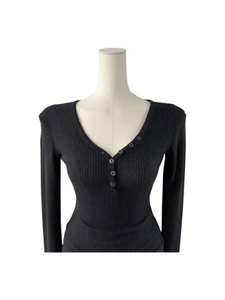 " Hazelnut Heart neck Button Ribbed Bone Knitwear Long Sleeve