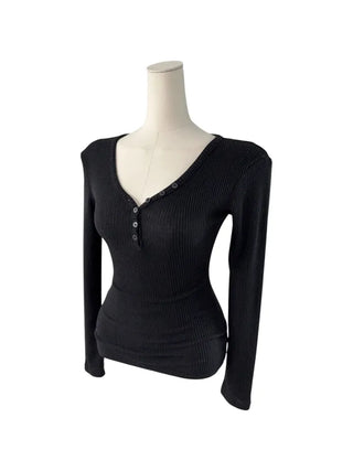 " Hazelnut Heart neck Button Ribbed Bone Knitwear Long Sleeve
