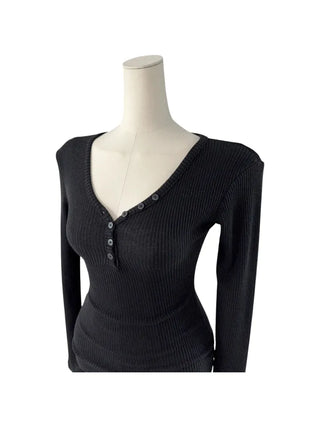 " Hazelnut Heart neck Button Ribbed Bone Knitwear Long Sleeve