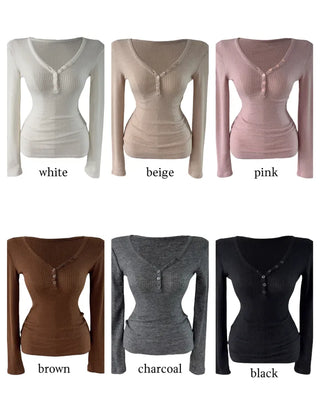 " Hazelnut Heart neck Button Ribbed Bone Knitwear Long Sleeve