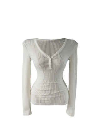 " Hazelnut Heart neck Button Ribbed Bone Knitwear Long Sleeve