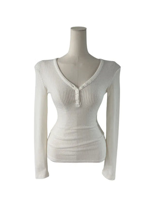 " Hazelnut Heart neck Button Ribbed Bone Knitwear Long Sleeve