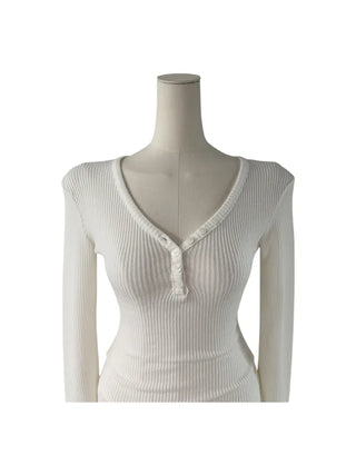 " Hazelnut Heart neck Button Ribbed Bone Knitwear Long Sleeve