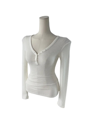 " Hazelnut Heart neck Button Ribbed Bone Knitwear Long Sleeve