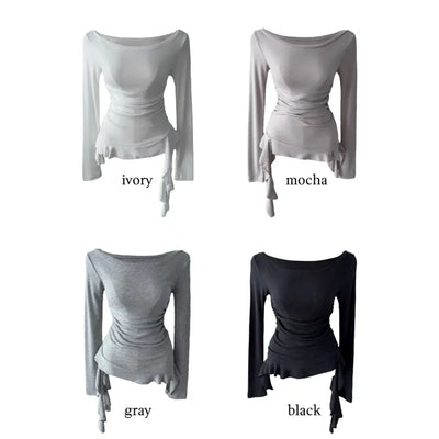 Haze Unbalanced Shirring Long Sleeve T