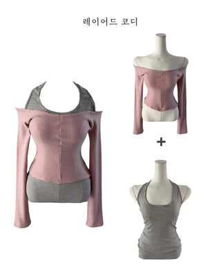 Stripe halter sleeveless single-breasted halter nasi