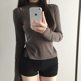 Multicolor Shoulder Slit Half Turtleneck Knit