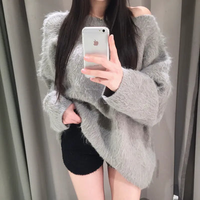 Poky lip neck fur long knit
