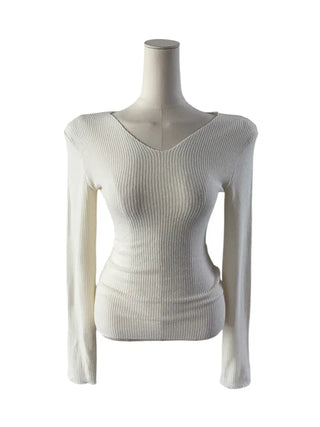 Fluttering ribbed long-sleeved T-shirt
