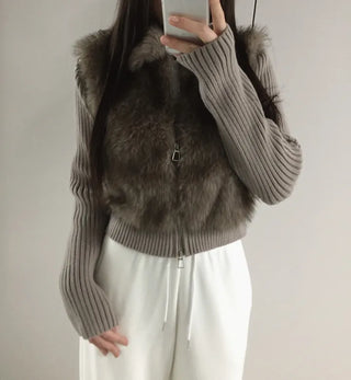 Raccoon Fur Knit Zip-Up