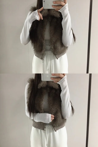 Raccoon Fur Knit Zip-Up