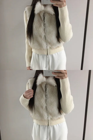 Raccoon Fur Knit Zip-Up