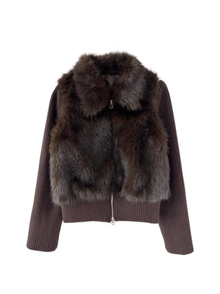 Raccoon Fur Knit Zip-Up