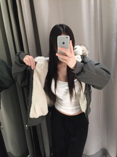 Vane hooded fur button jacket