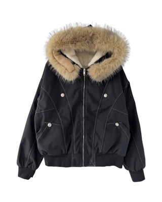 Vane hooded fur button jacket